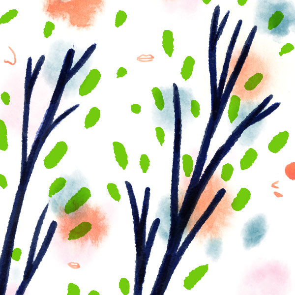 illustration de branches d'arbre bleues réalisées à l'aquarelle,avec des feuilles vertes schématisées et des tâches dans le fond corail et bleu ciel