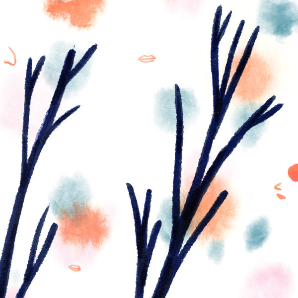 illustration de branches d'arbre bleues réalisées à l'aquarelle,avec des tâches corail et bleues ciel