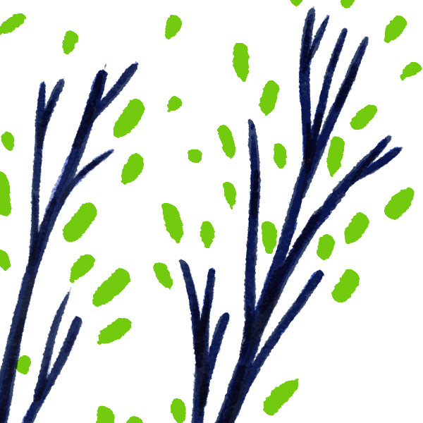 illustration de branches d'arbre bleues réalisées à l'aquarelle,avec des feuilles vertes shématisées