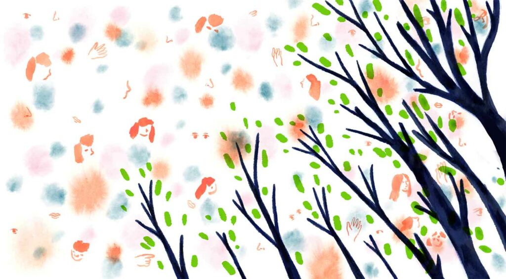 illustration de branches d'arbre bleues réalisées à l'aquarelle,avec des feuilles vertes schématisées et des tâches dans le fond corail et bleu ciel, dézoomé plan large